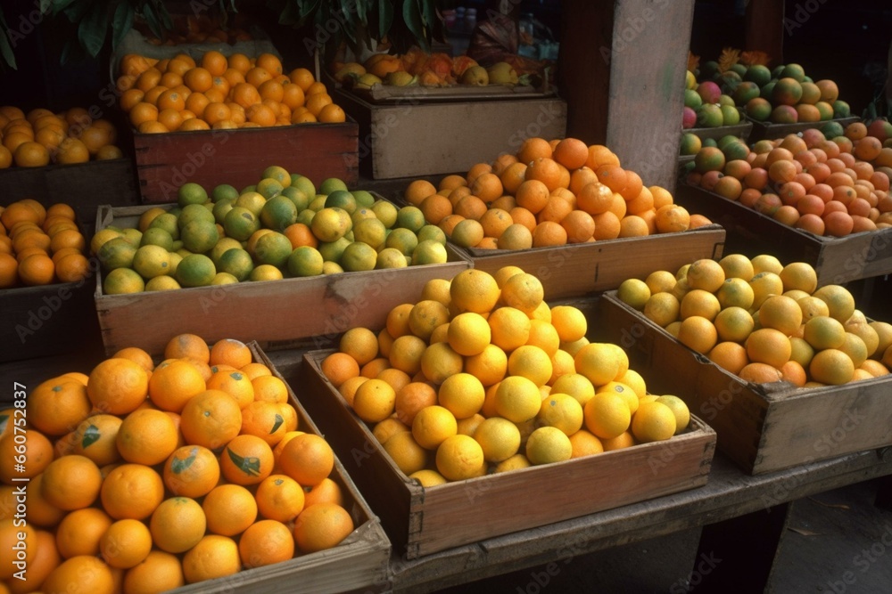 Fresh citrus fruits displayed at local market. Generative AI