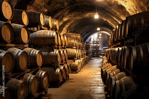 Underground cellar stacked with barrels of alcoholic beverages. Generative AI