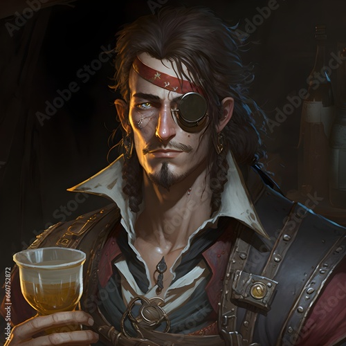 human male in his mid20s wearing a piratestyle eye patch that covers his right eye his left eye is uncovered he is not wearing glasses his face is unadorned he is holding a drink and smirking no 