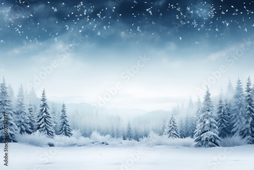 Frosty Wonderland, Scenic Winter Background with Glistening Pine Trees © NE97
