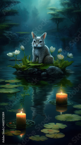 Serene lynx tranquil lake waning gibbous radiant 