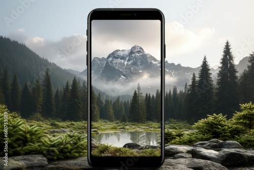 a mockup of an iphone on a white background, in the style of realistic landscapes with soft edges, light silver and black, rounded, digital illustration, sparse backgrounds, smartphone footage, steel/ photo