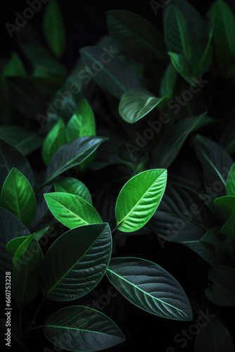 Close up of minimalist indoor plant fern fronds and leaves, with dark green and black background. Beautiful design background for interior design