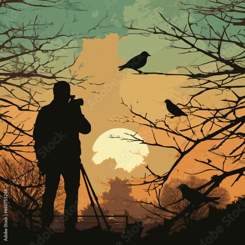 parksoutdoor birdwatching silhouette distressed. Created using Generative AI Technology
