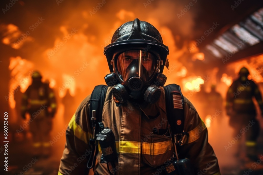 firefighter using water and extinguisher to fighting with fire flame in an emergency, Generative AI firefighter using water and extinguisher to fighting with fire flame in an emergency, Generative AI