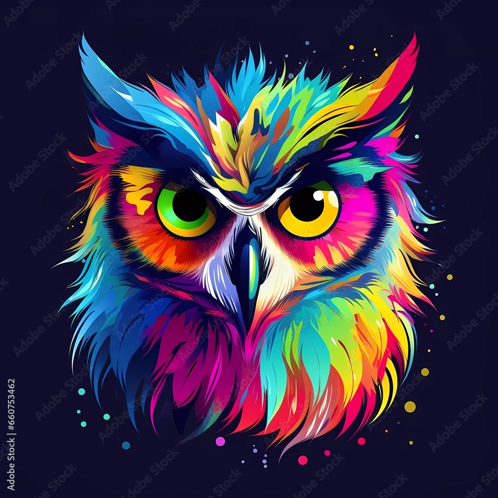 owl illustration in abstract, rainbow ultra-bright neon artistic portrait graphic highlighter lines on minimalist background owl illustration in abstract, rainbow ultra-bright neon artistic portrait graphic highlighter lines on minimalist background