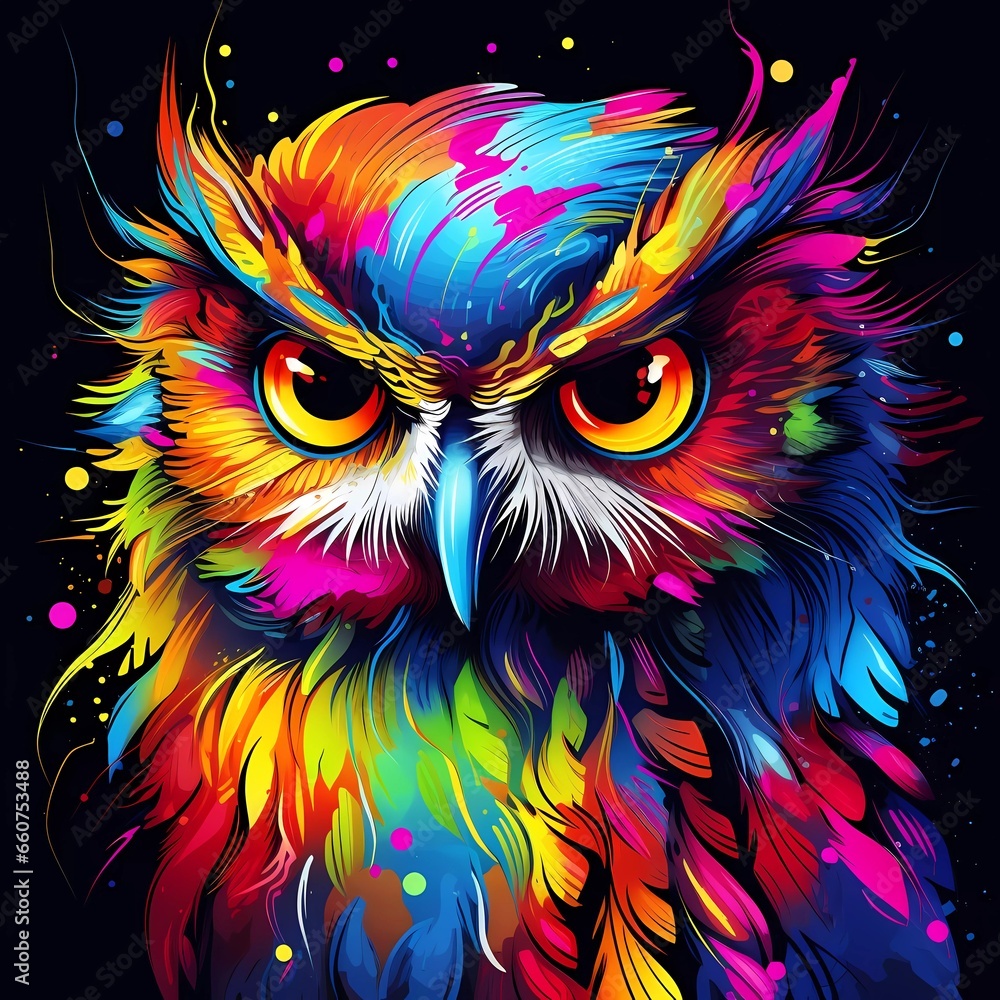 owl illustration in abstract, rainbow ultra-bright neon artistic portrait graphic highlighter lines on minimalist background owl illustration in abstract, rainbow ultra-bright neon artistic portrait graphic highlighter lines on minimalist background