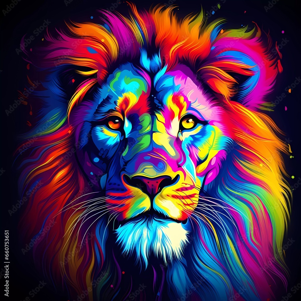 lion illustration in abstract, rainbow ultra-bright neon artistic portrait graphic highlighter lines on minimalist background