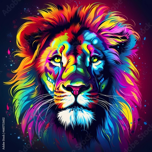 lion illustration in abstract  rainbow ultra-bright neon artistic portrait graphic highlighter lines on minimalist background