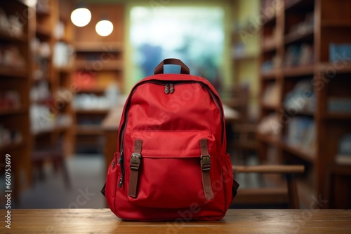 Red backpack on table with blurred background. Generative AI
