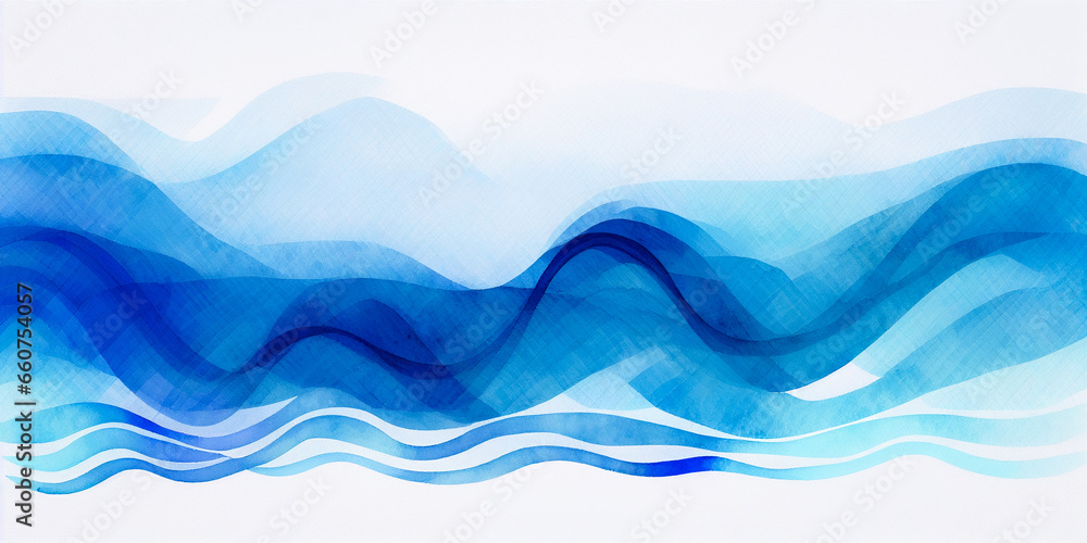 Ocean water waves nature illustration, gradient blue wavy lines for copy space text. Teal lake wave flowing motion web banner. Sea foam watercolor backdrop. Pool water fun ripples wavy blue cartoon - obrazy, fototapety, plakaty 