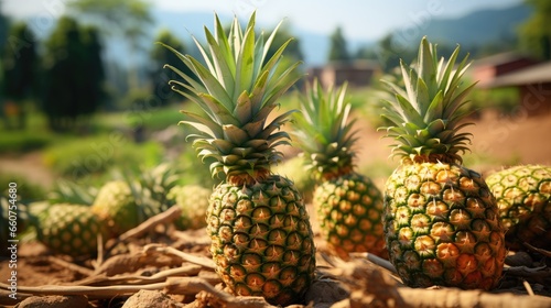Pineapples in the field. Selective focus. Nature.
