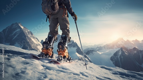 Esquiador en la cima de una montaña alta con mucha nieve photo