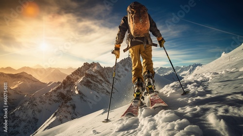 Esquiador en la cima de una montaña alta muy nevada al atardecer photo