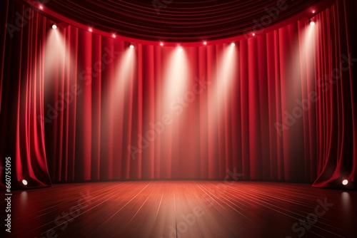 Stage with red curtains, columns, spotlight, empty wooden scene, luxury decoration, light beams falling on floor. Generative AI