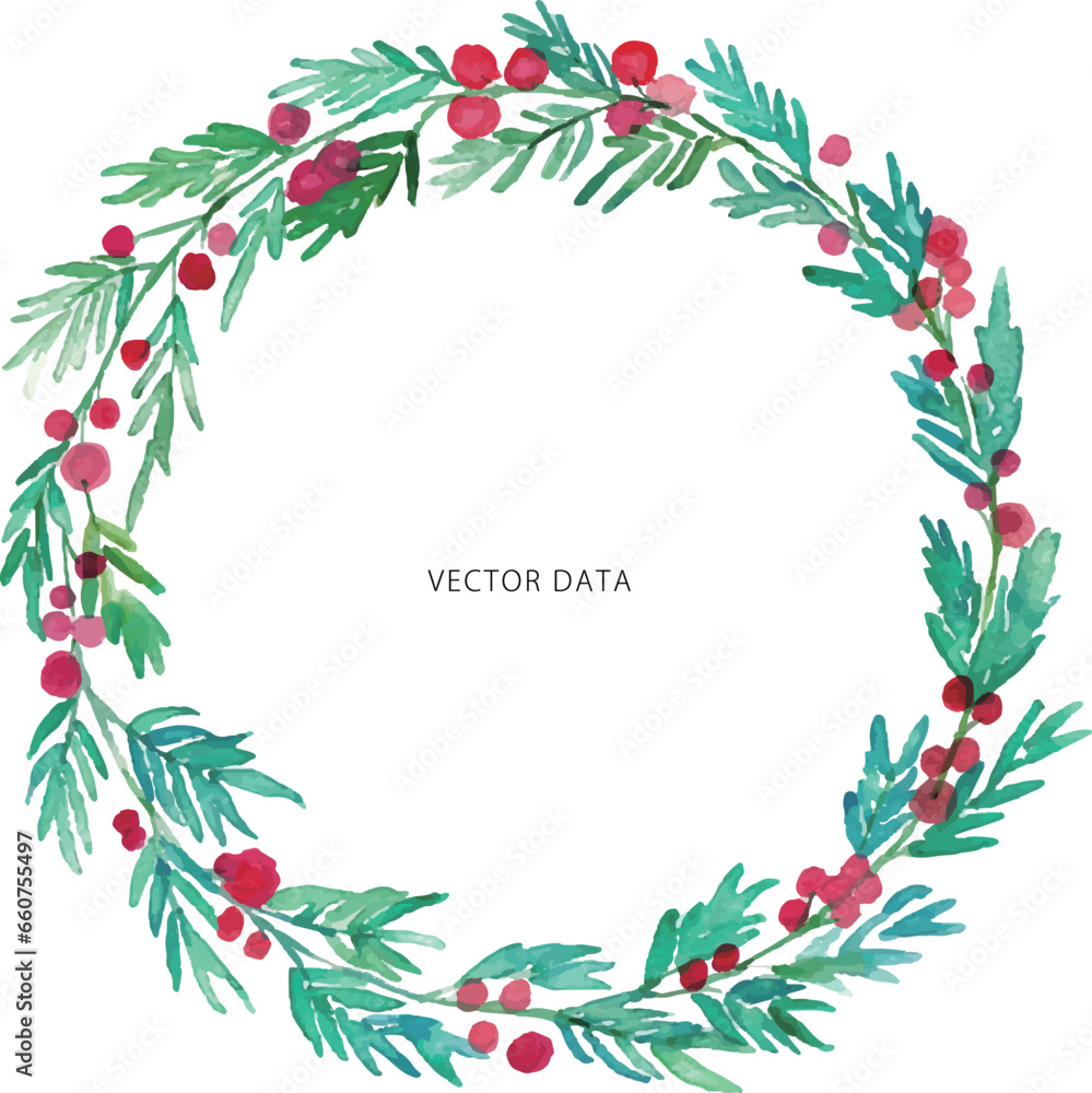 Fototapeta premium 水彩画。水彩タッチのヒイラギのフレームベクターイラスト。冬の水彩フレーム。Watercolor painting. Frame vector illustration of holly with watercolor touch. Winter watercolor frame.