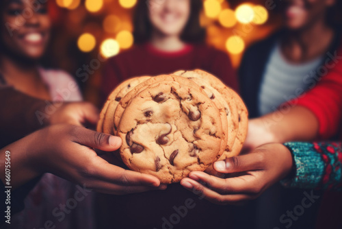 circle hand united holding chocolate Cookie on Christmas. Generative AI