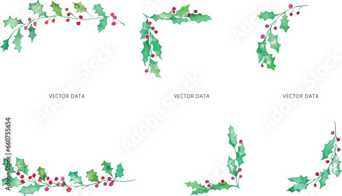 水彩画。水彩タッチのヒイラギのフレームベクターイラスト。冬の水彩フレーム。Watercolor painting. Frame vector illustration of holly with watercolor touch. Winter watercolor frame.