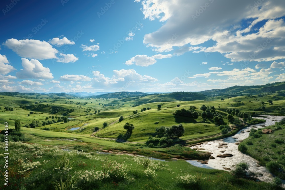 Landscape of green hills and river under blue sky with white clouds