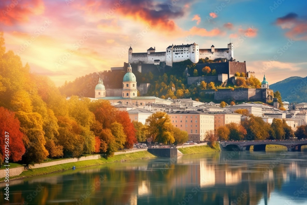 Naklejka premium Vibrant cityscape. Historic Salzburg with Hohensalzburg fortress. Autumn landscape, picturesque sky. Softlight effect. Salzburger Land, Austria. Generative AI