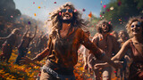 Men and women hippies, exuding joy and freedom, as they run and dance through blossoming fields in spring