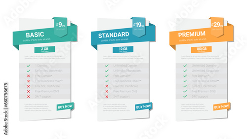Hosting pricing plans table, boxes banners, origami style template design for website on white background.