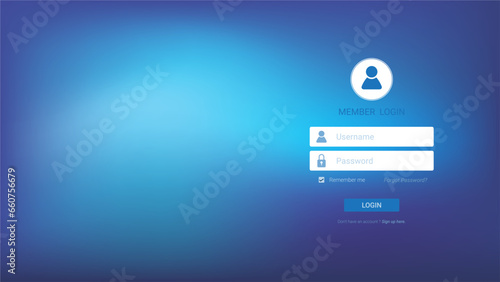 Login form page with simple icons username and password, modern design for website and mobile applications on blue blurred background