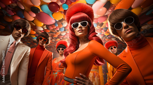 Swinging sixties scene. A stylish mod group of girls and guys striking a pose in a low-angle photoshoot. Band or gang from the retro era