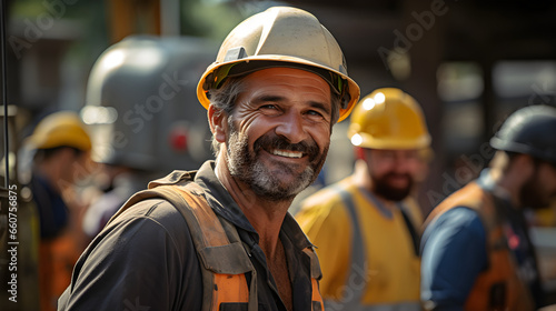 Smiling construction worker in his 40s, with facial hair, stands happy in front of his team on a sunny job site. 