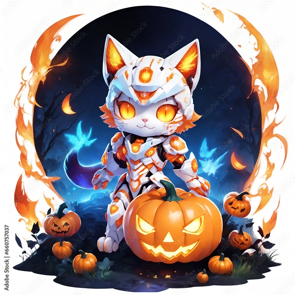Naklejka premium Robot cat Halloween,halloween cat with pumpkin 13