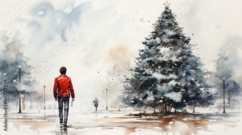 Vintage watercolor of man walking in the park during snow.. Retro 1950s painting of man strolling outside next to Christmas tree.