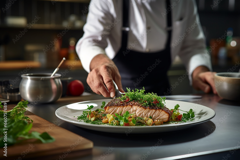 Generative AI Image of Chef Hands Preparing Grilled Meat Steak Dish in Restaurant Kitchen