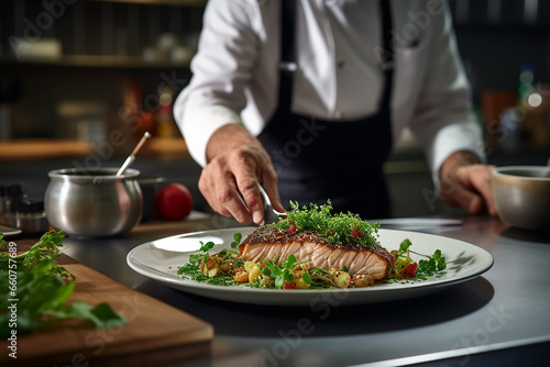 Generative AI Image of Chef Hands Preparing Grilled Meat Steak Dish in Restaurant Kitchen