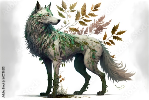 huge mythical wolf with leaf fur Big and strong long legs bulky tail spirit of the forest lord of the snows Wark Mount Epcic Creature Epci design Creature RPG Medieval Fantasy full body centered 