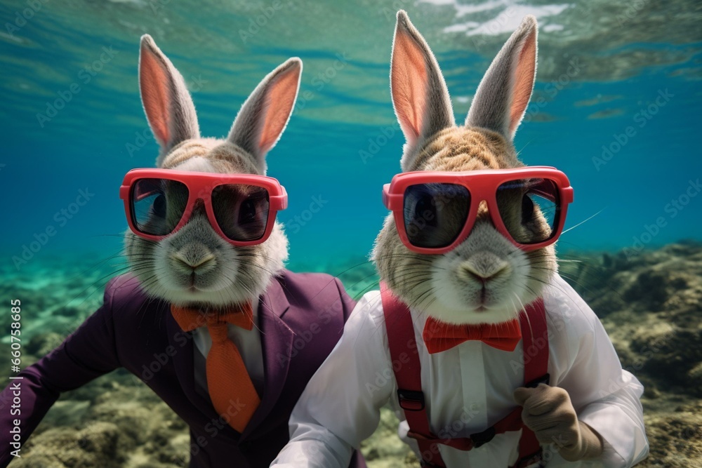 Easter bunnies searching for eggs underwater while snorkeling on a holiday vacation. Generative AI