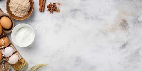 A top-view flat lay presenting essential baking ingredients - flour, eggs, and sugar - neatly arranged on a kitchen counter, with ample empty space for text or additional design elements. photo