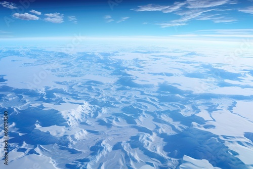 A background image providing an aerial view of an expansive and endless snow-covered landscape, evoking a sense of pristine and untouched natural beauty. Photorealistic illustration