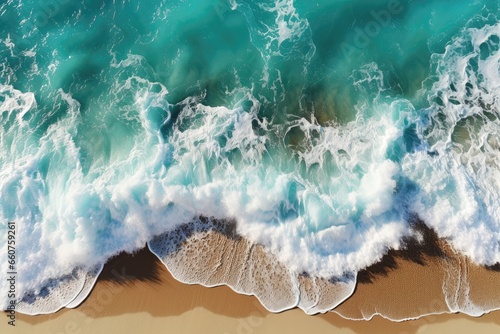 Aerial view background image featuring the crashing of ocean waves onto a sandy beach  creating a tranquil and picturesque scene from above. Photorealistic illustration