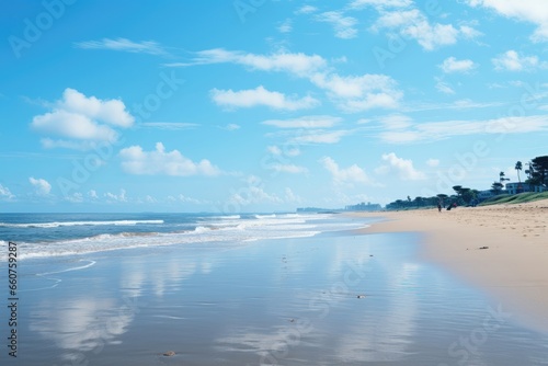 A background image for creative content featuring a tranquil sandy beach with gentle waves and a clear blue sky overhead. Photorealistic illustration