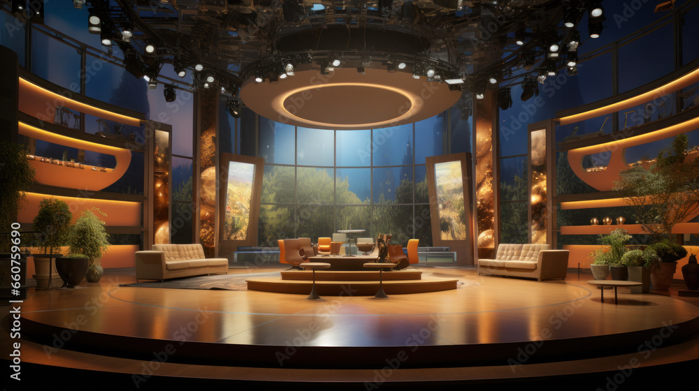 Professional broadcast tv studio studio. News room interior - obrazy, fototapety, plakaty 
