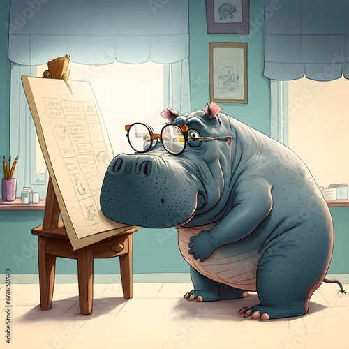 hippo at the ophthalmologist trying to read an eye chart 