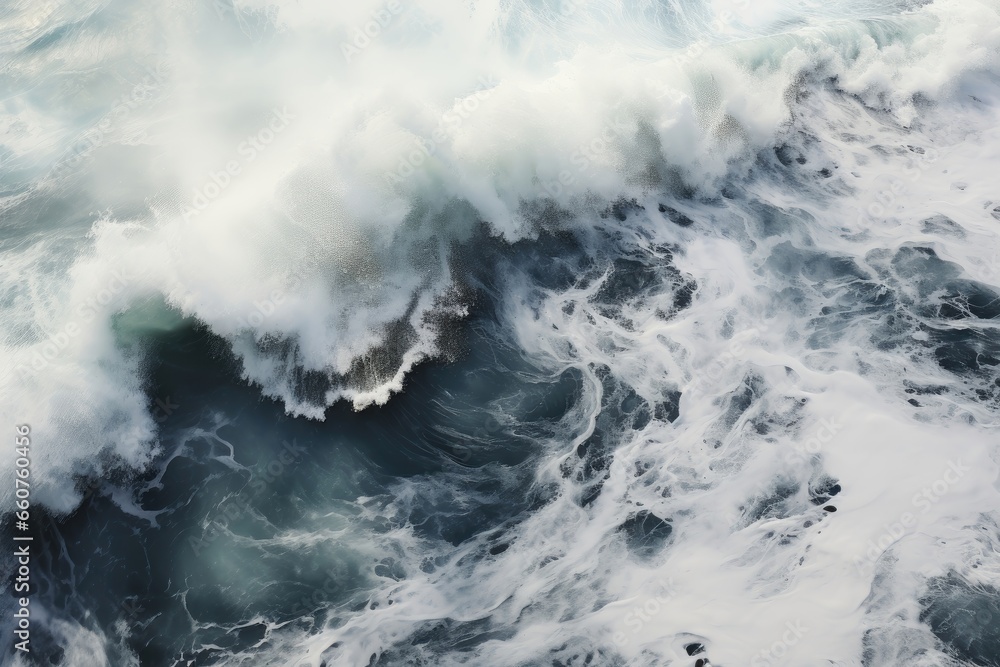 A dramatic background image showcasing the power of violent seawater with tumultuous waves crashing and churning, creating a turbulent seascape. Photorealistic illustration