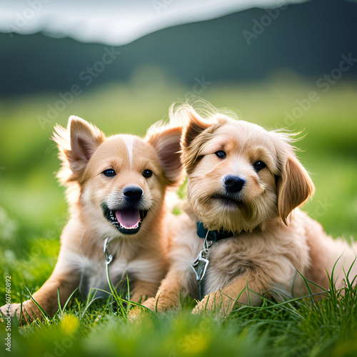 Two puppies playing in the grass. Generative AI