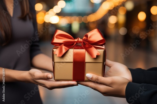 woman holding a gift close-up. Generative Ai.