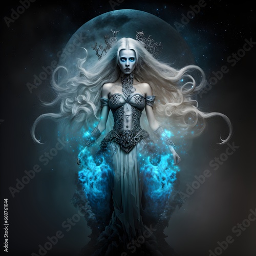 beautiful full body image of fantasy hot woman with platinum flowing hair and pale skin wearing silver gown mysterious and beautiful black and silver glowing hd background with large detailed full 