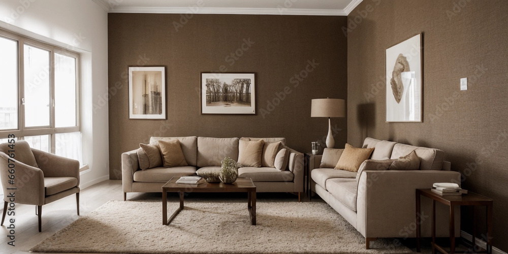 Beautiful cozy living room, cozy interior design with warm brown color Beautiful cozy living room, cozy interior design with warm brown color