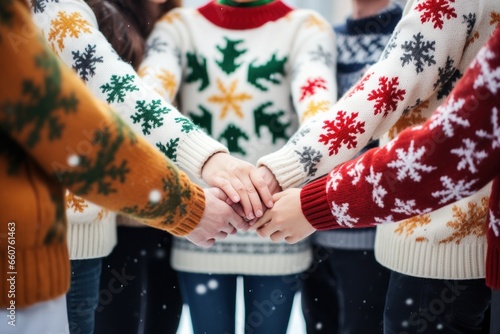 people wearing ugly sweater in circle hand united. Generative AI © Phichitpon