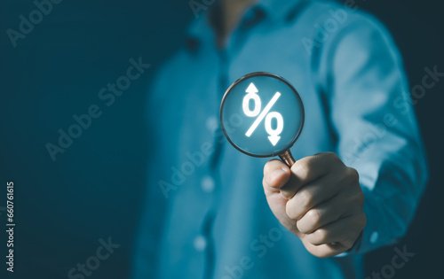percent icon. concept of interest bank, debt, tax, and loan percentage. inflation increases economic, and business profit growth or low-down. interest rate rises high or decreases.