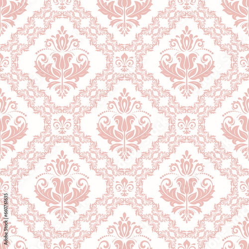 Classic seamless pattern. Damask orient ornament. Classic pink and white vintage background. Orient ornament for fabric, wallpapers and packaging