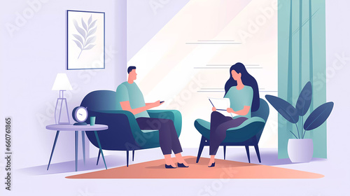 Psychologist listening to patient at mental therapy session. Personal mental health concept.Flat vector illustration.